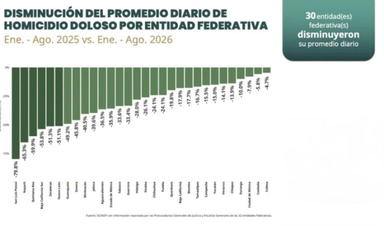 Registra Tamaulipas una disminución por debajo de la media nacional, en homicidio doloso de enero a agosto de 2026